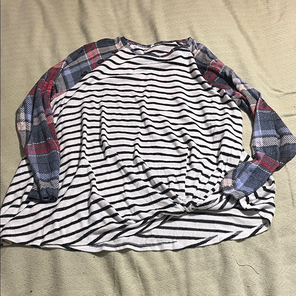 Maurices Navy Striped Top with Plaid Accents